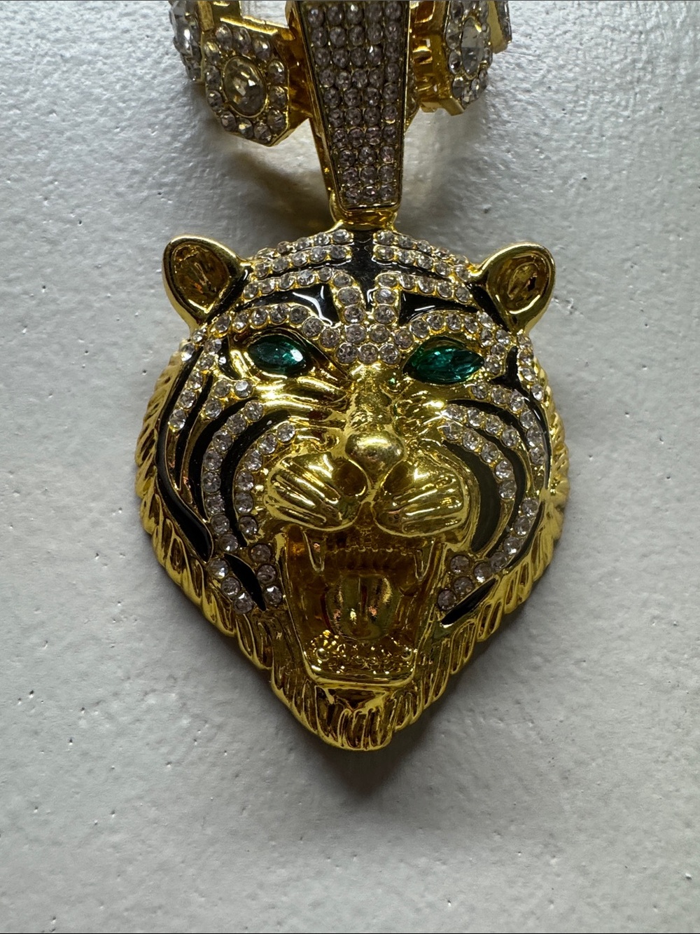 Gold-Tone Tiger Head Pendant with Green Stone Eyes - Women Jewelry
